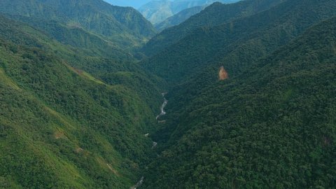 Aerial shot of Vilcabamba, inca trail, in middle of the jungle