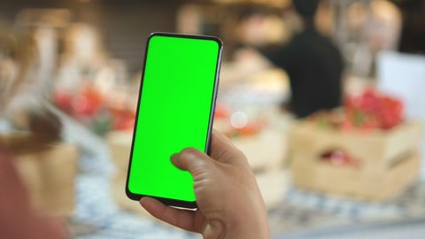 Mall. Shopping center. Back view of brunette holding chroma key green screen smartphone watching content. Shopping online. Gadgets and contemporary people concept.