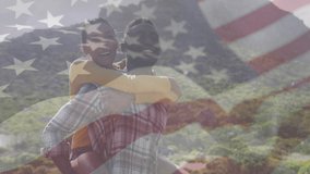 Animation of american flag and confetti moving over couple embracing. patriotism and celebration concept digitally generated video.