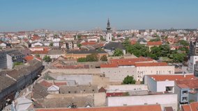 The City of Novi Sad in Serbia, 4K aerial view over city streets and buildings