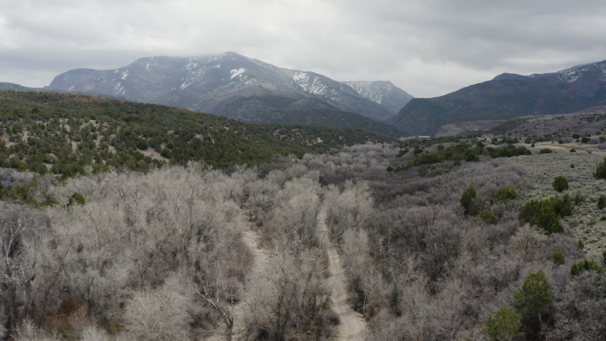 Dirt Road in Wilderness Mountain Landscape of Utah - Aerial shot with Copy Space
