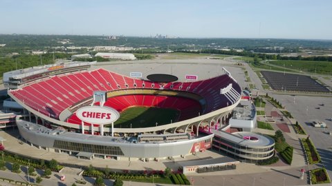 Kansas City , Missouri , United States - 06 13 2021: Smooth Drone Shot Above Arrowhead Stadium, Home of the Kansas City Chiefs. Motion Blur