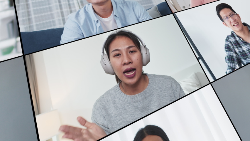 Group of young Asian business people, office coworker on video online conference call, remote team meeting. Work from home, internet communication technology, coronavirus social distancing lifestyle | Shutterstock HD Video #1075027973