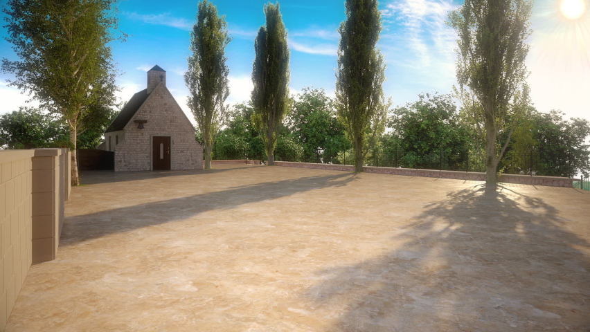 Event Venue Dinner area with Historical Church and amazing Tree with Stone Pavment