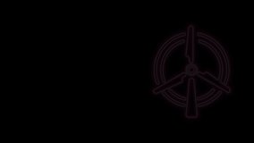 Glowing neon line Rotating wind turbine icon isolated on black background. Wind generator sign. Windmill for electric power production. 4K Video motion graphic animation.