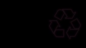 Glowing neon line Recycle symbol icon isolated on black background. Circular arrow icon. Environment recyclable go green. 4K Video motion graphic animation.