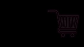 Glowing neon line Shopping cart icon isolated on black background. Online buying concept. Delivery service sign. Supermarket basket symbol. 4K Video motion graphic animation.