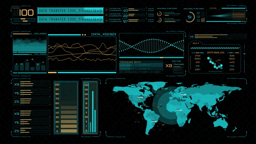 Digital data analysis and search system. The HUD control panel on which there is an international map and a sensor system. The management system shows tracking, search, data. - Powered by Shutterstock - Get 15% off with code: PIKWIZARD15