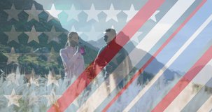 Animation of american flag over man and woman taking break during exercise in mountains. patriotism, independence and celebration concept digitally generated video.