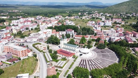 Aerial drone view of Church in Medjugorje, Bosnia and Herzegovina. Medjugorje is one of the most popular pilgrimage sites for Catholics in Europe.