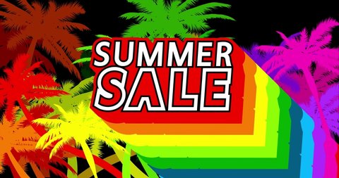 Summer Sale banner with palm trees on the background. 4k animated with long layered multicolored shadow with the colors of a rainbow.
