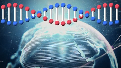 Animation of dna strand, globe and icons with network of connections. global digital interface, technology and networking concept digitally generated video.