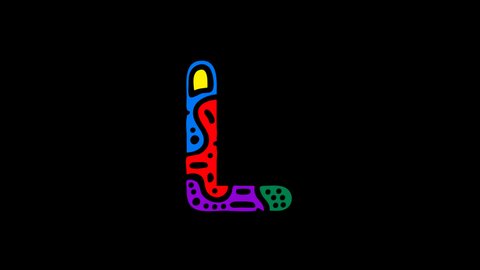 Letter L. 4K video. Transparent Alpha channel. Unique cartoon doodle animated font. Colorful bright multi-colored contrasting symbol, ornament. Capital Letter L for logo, icon, education, game, apps.