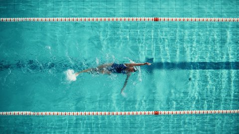 Aerial Top View: Athletic Female Swimmer in Swimming Pool. Professional Athlete Swims in Backstroke Style, Determination in Training to Win Championship. Cinematic Slow Motion, Stylish Colors
