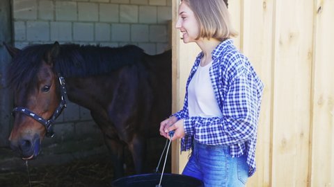 Young girl stroking her horse in the stable during the daytime. Girl holding a bucket and touching her seal brown horse with love. The girl is dressed in a checked shirt. 