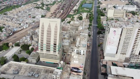 karachi pakistan 2021,  aerial footage of cityscape and landmarks of karachi city, aerial footage of Habib Metro Bank  tower at II Chandigarh Road Karachi, Business hub of Pakistan