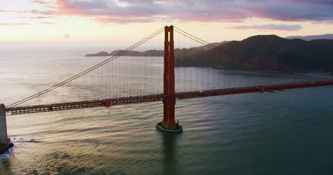 Aerial view of the Golden Gate Bridge. San Francisco, US. This suspension bridge is one of the most iconic landmarks of California. It connects the San Francisco peninsula to Marin County. Shot in 8K