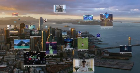 Connected aerial city with several interfaces. Futuristic concept. Augmented reality over San Francisco, United States.