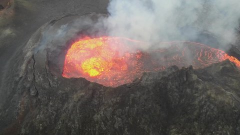 Aerial view of Fagradalsfjall erupting volcano crater, Iceland