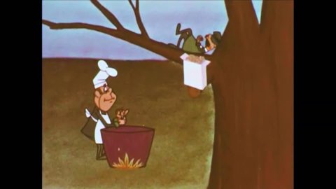 CIRCA 1968 - In this animated film, a leprechaun asks his friend who is peeling potatoes how humans manage to make enough potato chips for everybody.