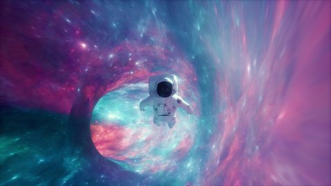 Astronaut flying through space nebula. Vj loop video background. Retrowave style 3d animation