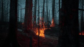 Fire in the forest. Burned tree in flame. Nature disaster. Deforestation and global warming concept. 3d render video stock footage