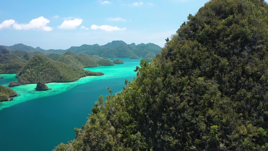 RAJA AMPAT, INDONESIA - CIRCA 2020s - 2020 - Excellent aerial shot of trees on the highest peaks of the Wayag Islands, Raja Ampat, Indonesia. Royalty-Free Stock Footage #1075075547