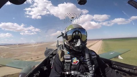 CIRCA 2021 Cockpit footage of A-10 Thunderbolt II U.S. Air Force pilot during demonstration aircraft practice aerial acrobatics.