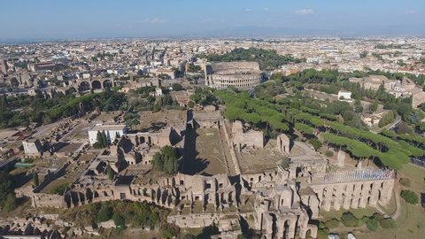 Aerial view over the Flavian Amphitheatre, aka Colosseum in Rome, Italy
