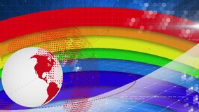 Animation of rotating red and white globe and data processing on bands of rainbow colour. global communication technology and digital data network concept, digitally generated video. - Powered by Shutterstock - Get 15% off with code: PIKWIZARD15