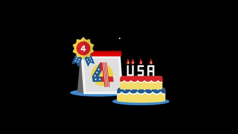 USA Party Cake Flat Animated Icon, Isolated on Transparent Background. 4th of July Celebration, Independence Day, Patriotic Concept Icon. 4K Ultra HD ProRes 4444, Video Motion Graphic Animation.