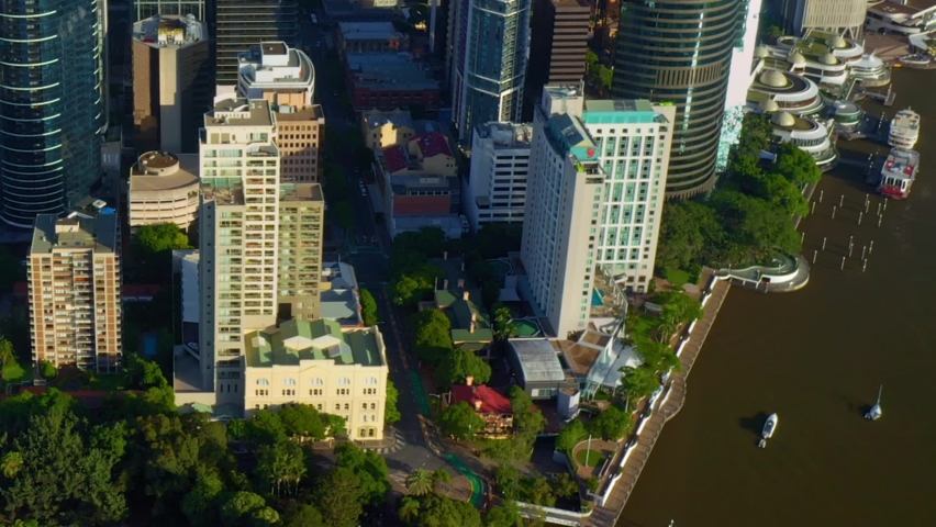 Panorama Of High Rise Buildings Along With Arise Brisbane Skytower In Australian State Of Queensland. aerial