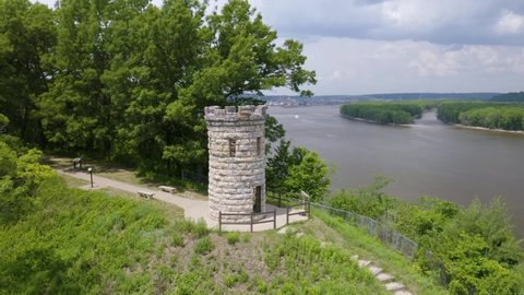 Aerial Orbiting Shot of Julien Dubuque Monument in Dubuque, Iowa Along the Mississippi River