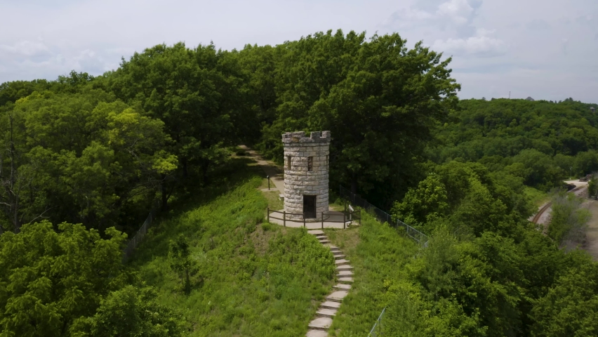 Julien Dubuque Monument in Dubuque, Iowa. Aerial Drone View. Push In