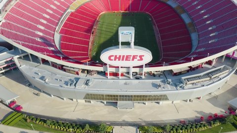 Kansas City , Missouri , United States - 06 13 2021: Aerial Pan Up Reveals Arrowhead Stadium, Home of the Kansas City Chiefs NFL Football Team