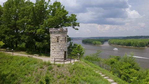 Julien Dubuque Monument, Iowa along the Mississippi River. Cinematic Drone Shot