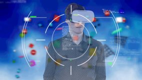 Animation of data processing, scope scanning over businessman wearing vr headset. background. global digital interface, technology and networking concept digitally generated video.