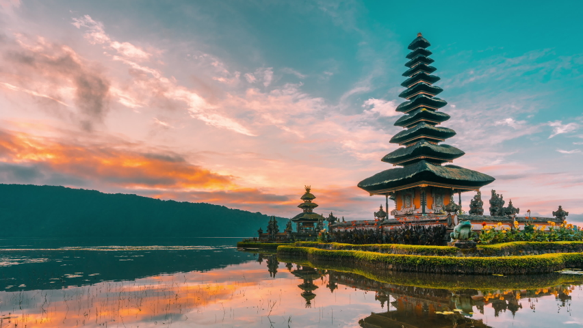 Pura Ulun Danu temple on the lake Bratan in Bali, Indonesia is a major water temple on Bali. Bali Attractions and landmarks in 4k | Shutterstock HD Video #1075087547