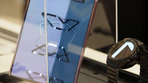 Samsung phones on the shop window are new under glass.belarus,minsk,2021
