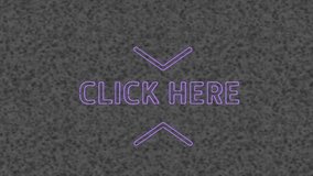 Animation of purple neon text, click here, on grey textured background. social media and global communication interface technology concept digitally generated video. - Powered by Shutterstock - Get 15% off with code: PIKWIZARD15