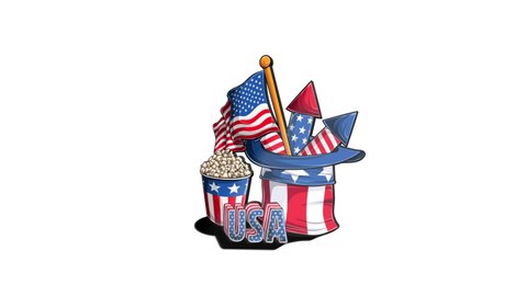 Uncle Sam Hat with American Flag, Fireworks, Popcorn and USA 3D Letters. Independence Day Veterans Day, 4th of July and Memorial Day Concept. HD Video Motion Graphic Animation.