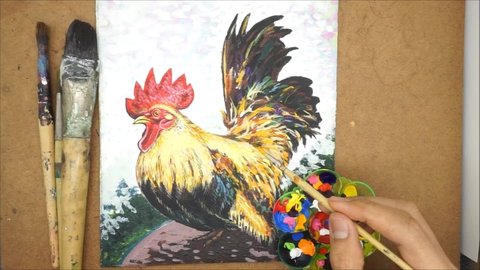 Art painting Fine art Oil color chicken , Bantam , art supply  , Palette , paintbrush
