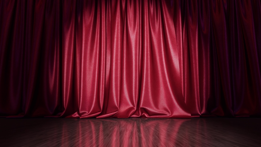 Realistic low angle view 3D animation of the stylish red textured stage curtain with reflecting wooden or laminate flooring rendered in UHD with alpha matte Royalty-Free Stock Footage #1075104920