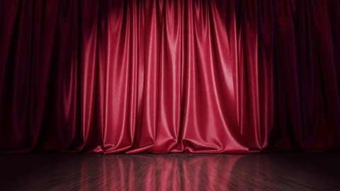 Realistic low angle view 3D animation of the stylish red textured stage curtain with reflecting wooden or laminate flooring rendered in UHD with alpha matte