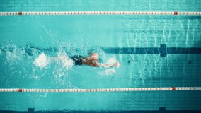 Aerial Top View: Muscular Male Swimmer Diving in Swimming Pool. Professional Athlete Gracefully Jumps, Swims Freestyle, Training Determined to Win Championship. Cinematic Shot, Stylish Colors - Powered by Shutterstock - Get 15% off with code: PIKWIZARD15