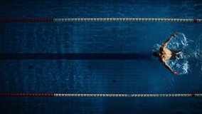 Aerial Top View Male Swimmer in Swimming Pool. Professional Athlete Training for Race, Winning World Championship Butterfly Style. Dark Dramatic Colors, Cinematic Light, Artistic Slow Motion - Powered by Shutterstock - Get 15% off with code: PIKWIZARD15