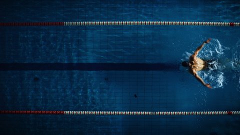 Aerial Top View Male Swimmer in Swimming Pool. Professional Athlete Training for Race, Winning World Championship Butterfly Style. Dark Dramatic Colors, Cinematic Light, Artistic Slow Motion