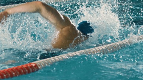 Successful Male Swimmer Racing in Swimming Pool. Professional Athlete Determined to Win Championship using Front Crawl Freestyle. Colorful Cinematic Shot. Back View Slow Motion