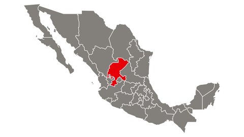Zacatecas state blinking red highlighted in map of Mexico
