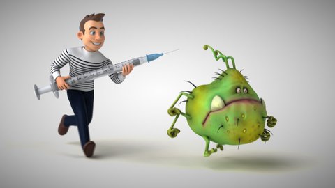 The chase is on, let's kill the bug ! 3D Animation of a fun character chasing a virus with a vaccine